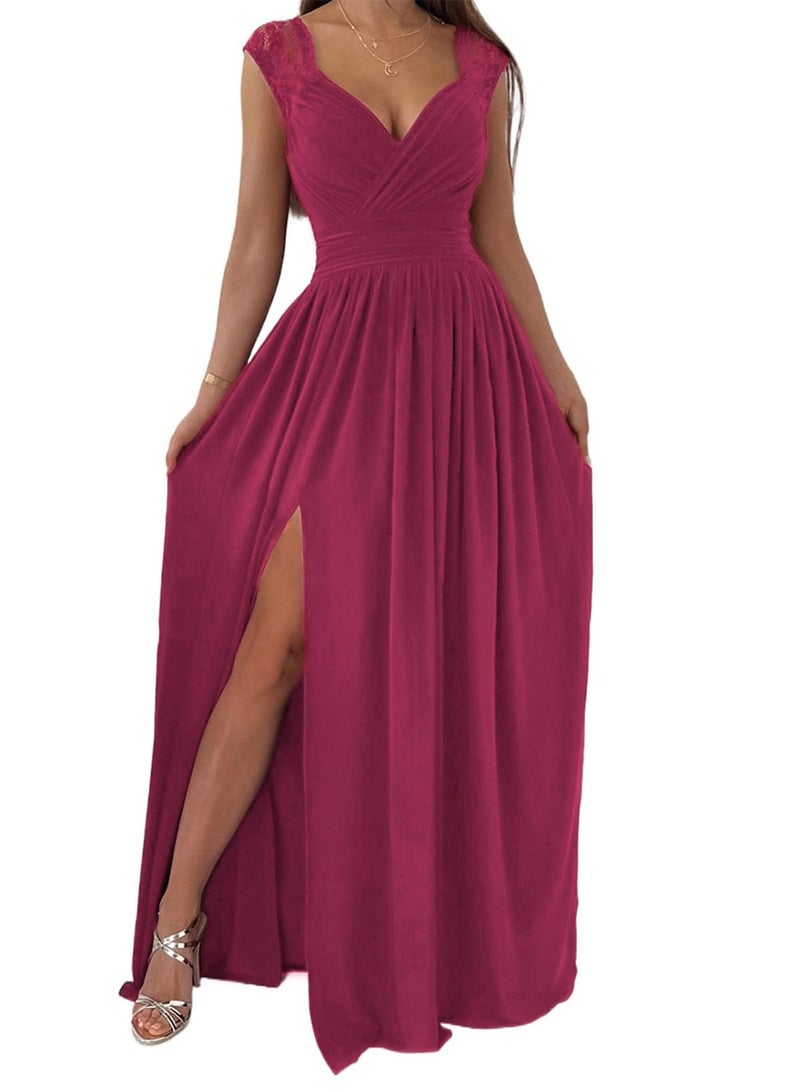 Dokotoo Womens Ladies Elegant Floor Length A Line Wrap Deep V Neck Backless Ruched Pleated Ruffled Split Long Maxi Formal Evening Party Prom Dress Bridesmaid Wedding Guest Dresses for Women Red XL - Image 1