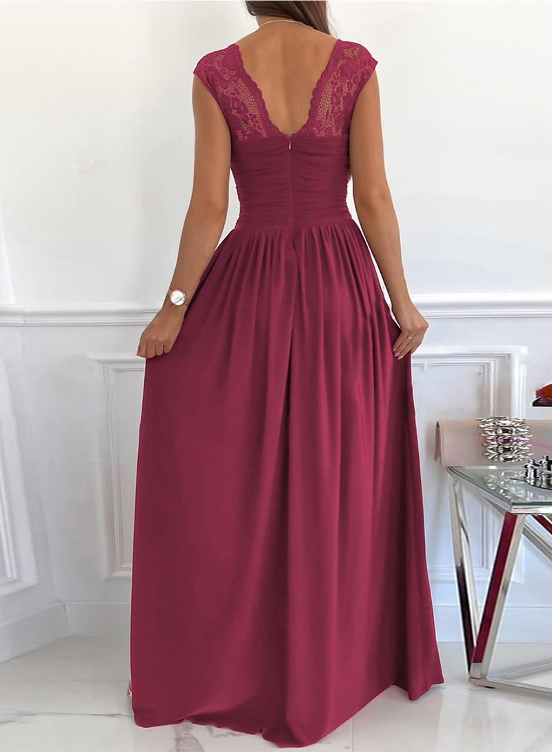 Dokotoo Womens Ladies Elegant Floor Length A Line Wrap Deep V Neck Backless Ruched Pleated Ruffled Split Long Maxi Formal Evening Party Prom Dress Bridesmaid Wedding Guest Dresses for Women Red XL - Image 2
