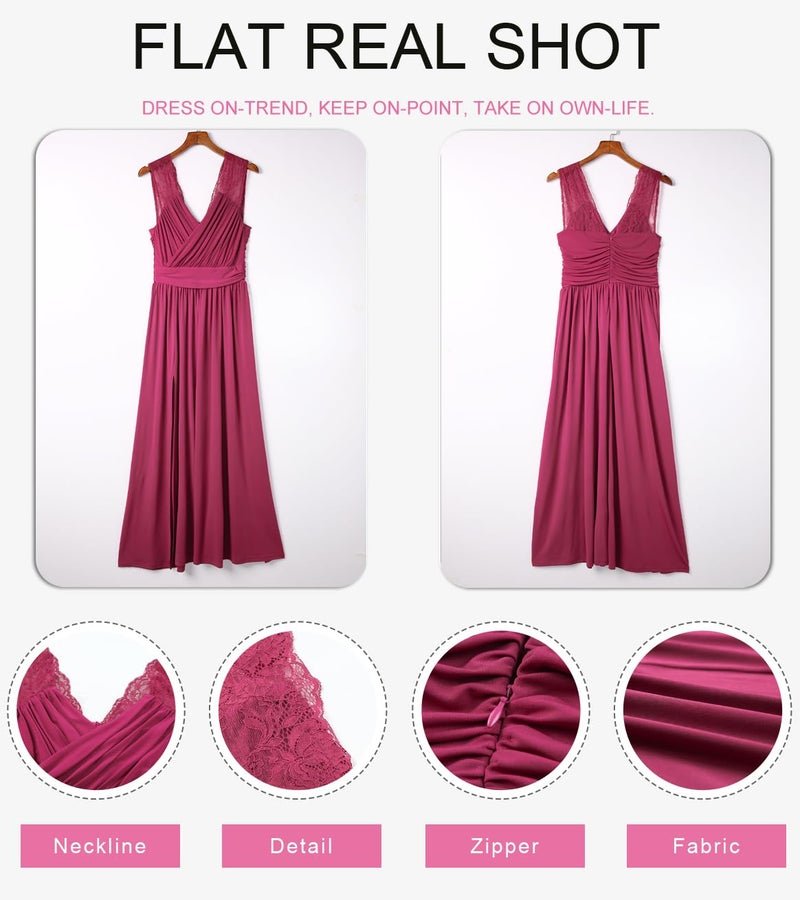 Dokotoo Womens Ladies Elegant Floor Length A Line Wrap Deep V Neck Backless Ruched Pleated Ruffled Split Long Maxi Formal Evening Party Prom Dress Bridesmaid Wedding Guest Dresses for Women Red XL - Image 4