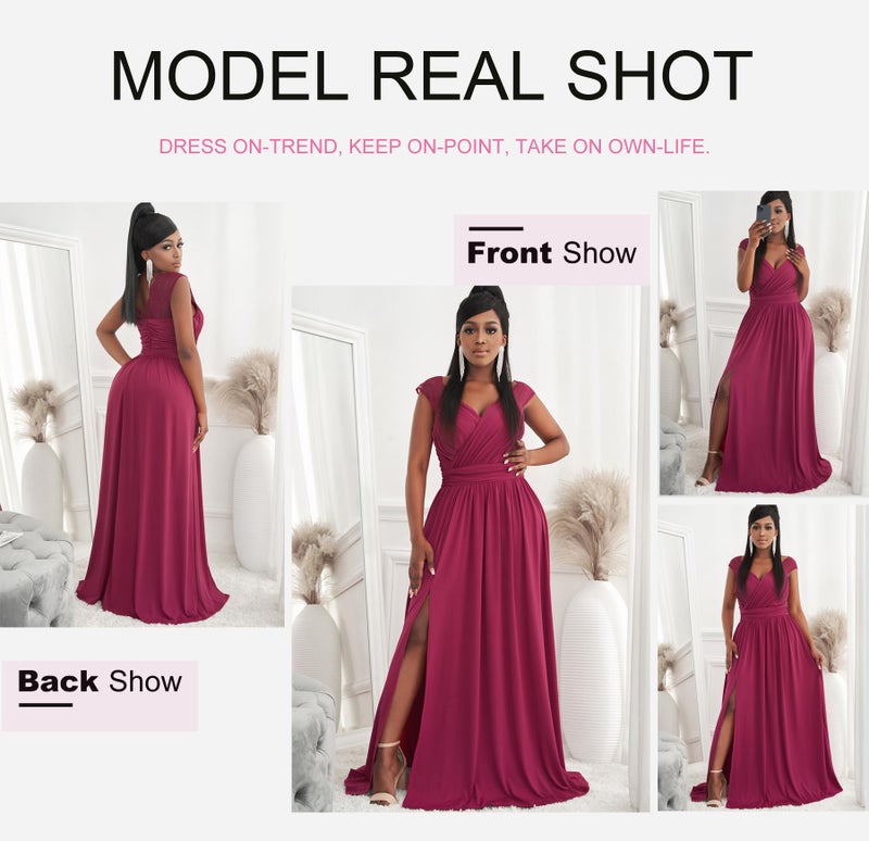 Dokotoo Womens Ladies Elegant Floor Length A Line Wrap Deep V Neck Backless Ruched Pleated Ruffled Split Long Maxi Formal Evening Party Prom Dress Bridesmaid Wedding Guest Dresses for Women Red XL - Image 5