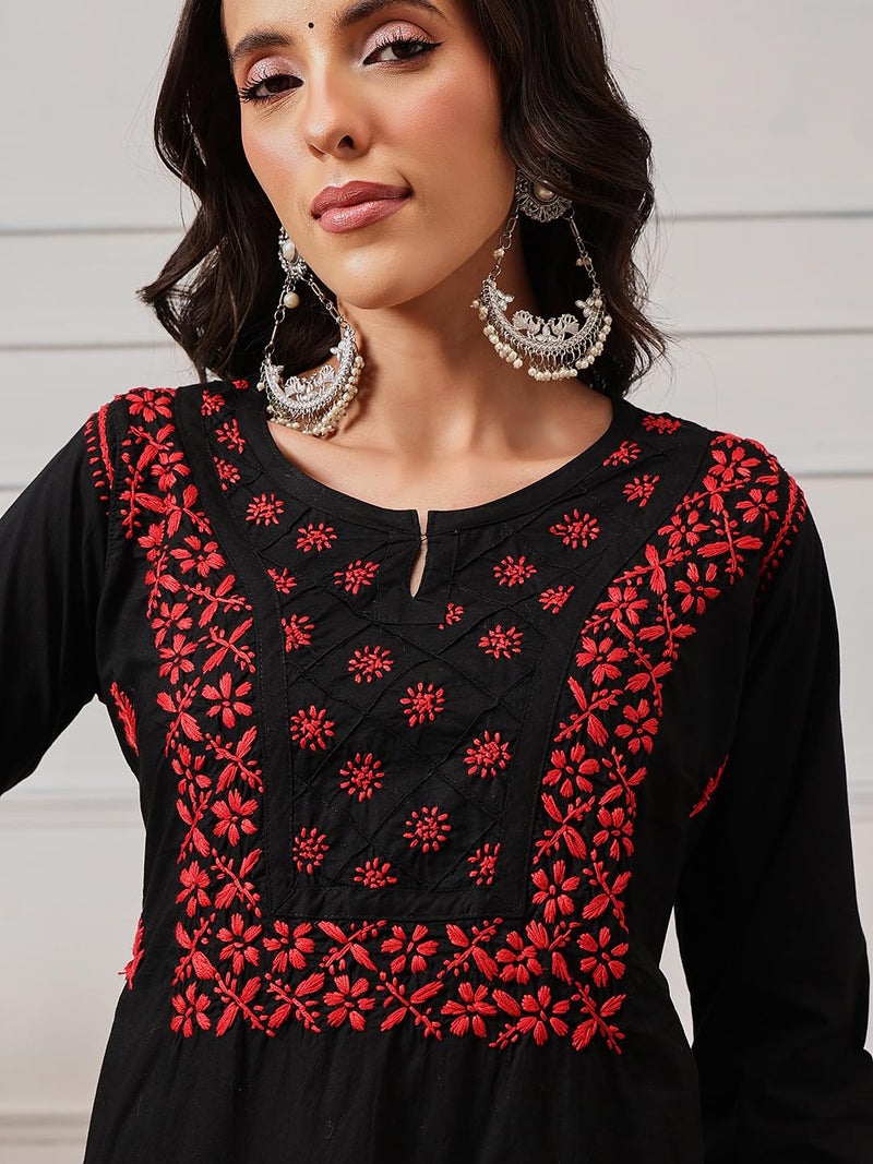 Ada Lucknowi Hand Embroidered Chikankari Cotton Short Kurta Kurti Tunic Top for Women A100132 Black/Red (L) - Image 5
