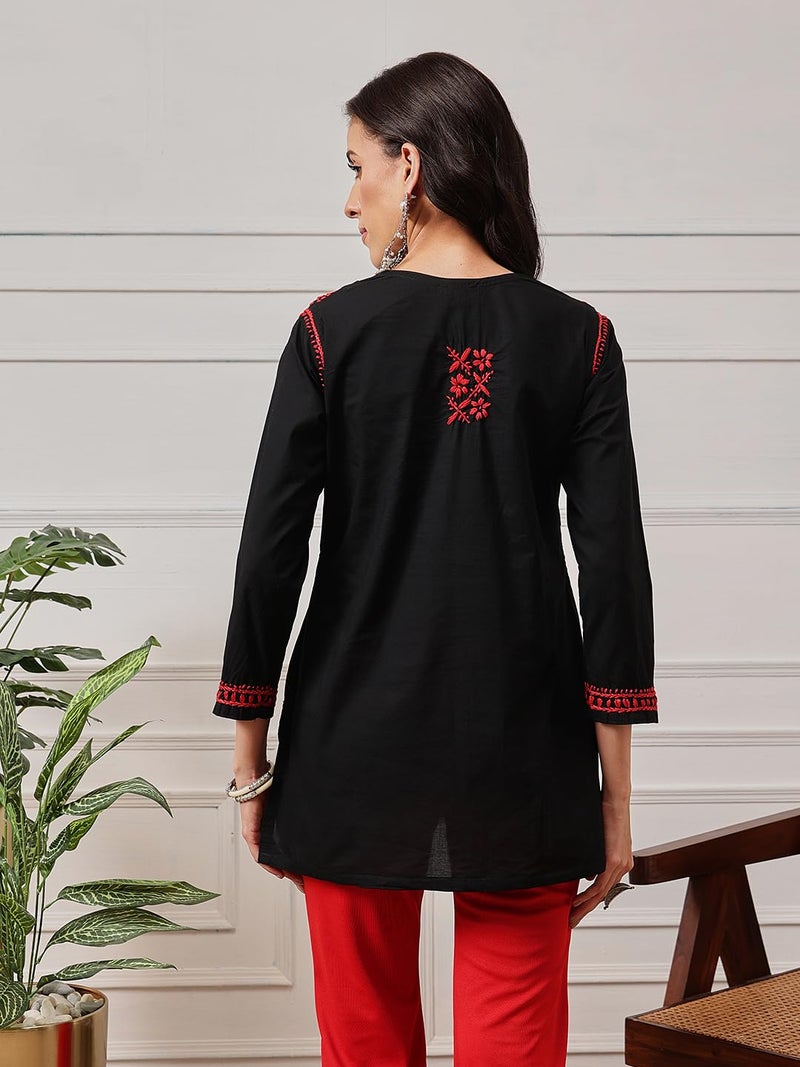Ada Lucknowi Hand Embroidered Chikankari Cotton Short Kurta Kurti Tunic Top for Women A100132 Black/Red (L) - Image 2