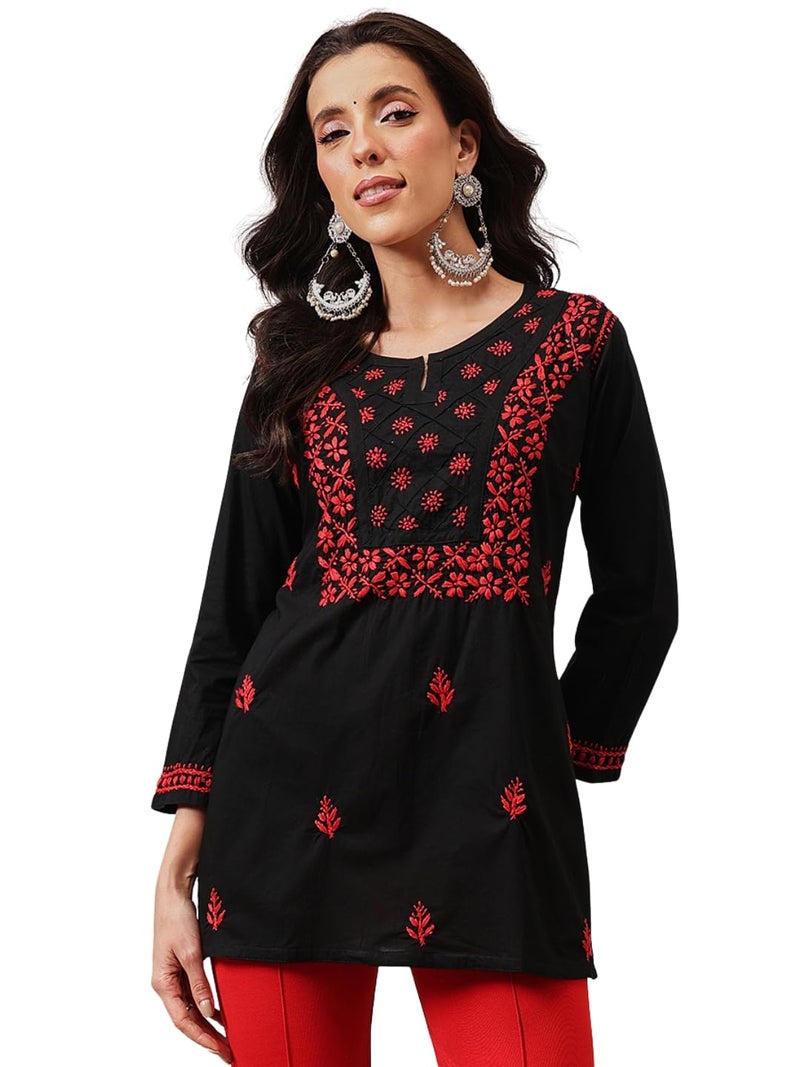 Ada Lucknowi Hand Embroidered Chikankari Cotton Short Kurta Kurti Tunic Top for Women A100132 Black/Red (L) - Image 1