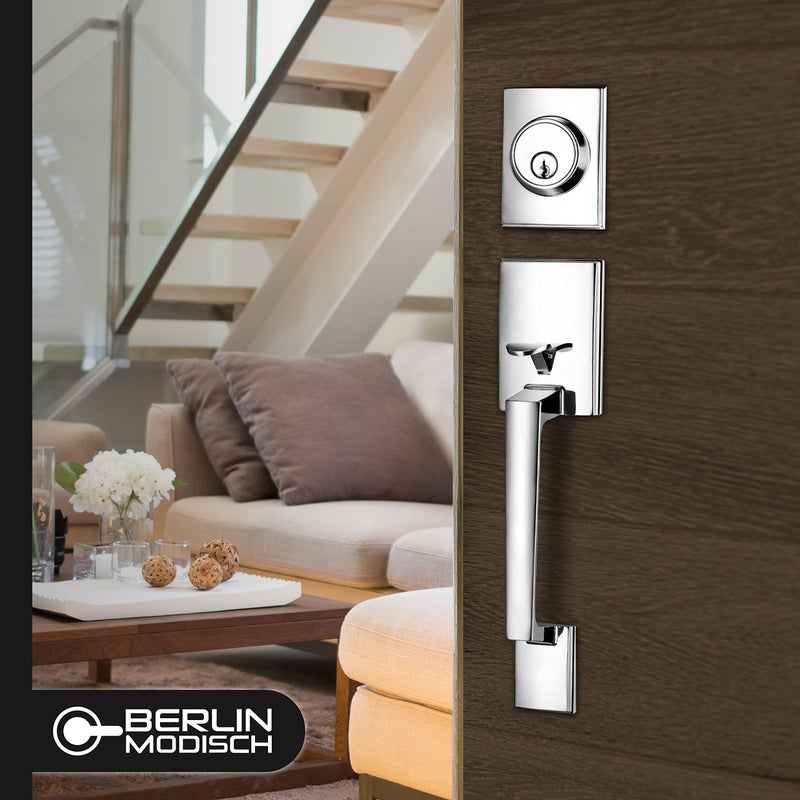 Berlin Modisch Single Cylinder Handleset With Lever Door Handle (For Entrance And Front Door) Reversible For Right And Left Handed And A Single Cylinder Deadbolt Handle Set Polished Chrome Finish - Image 3