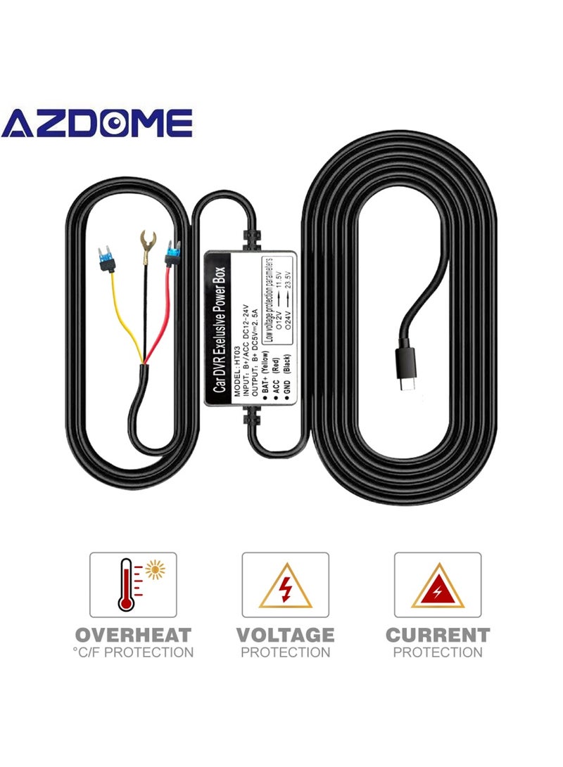 أزدوم طقم أسلاك HT03، منفذ USB من النوع C، كابل مراقبة وقوف السيارات لمدة 24 ساعة مع فيوز، يحول 12 فولت - 24 فولت إلى خرج 5 فولت/2.5 أمبير كحد أقصى، متوافق مع معظم كاميرات لوحة القيادة المتوفرة بمنفذ USB من النوع C، حماية من الجهد المنخفض - Image 1