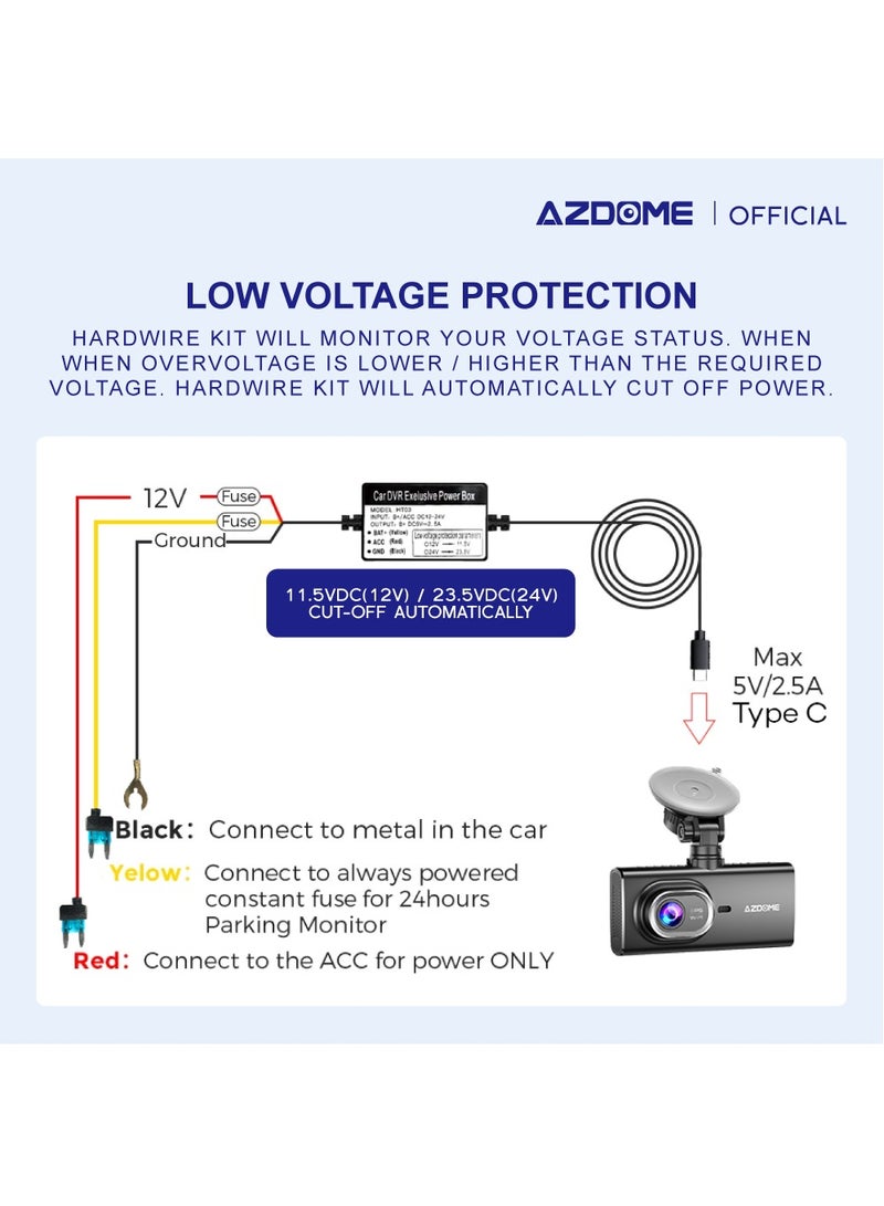 أزدوم طقم أسلاك HT03، منفذ USB من النوع C، كابل مراقبة وقوف السيارات لمدة 24 ساعة مع فيوز، يحول 12 فولت - 24 فولت إلى خرج 5 فولت/2.5 أمبير كحد أقصى، متوافق مع معظم كاميرات لوحة القيادة المتوفرة بمنفذ USB من النوع C، حماية من الجهد المنخفض - Image 5
