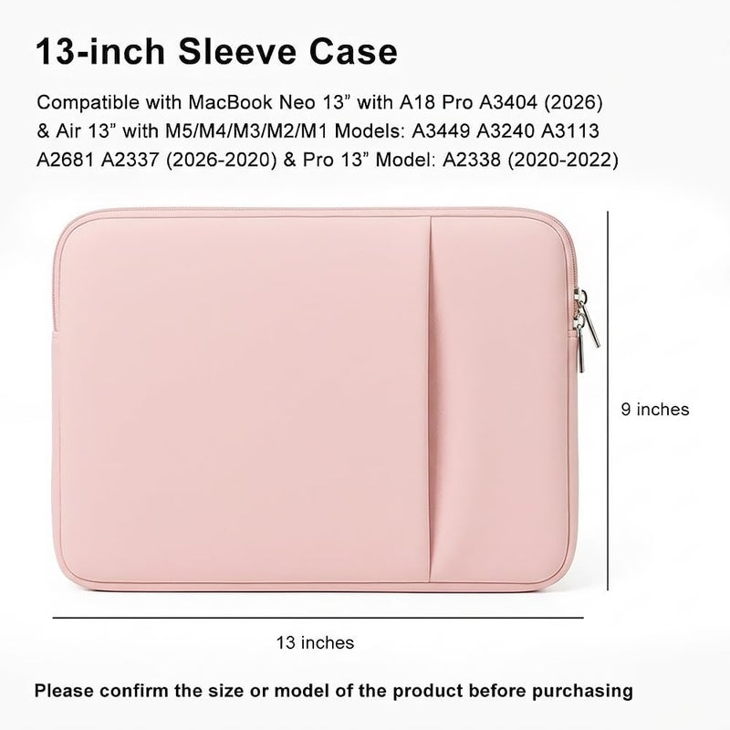 MasiBloom غلاف كمبيوتر محمول لـ MacBook Neo/Air/Pro مقاس 13 بوصة لرقائق A18/M5/M4/M3/M2/M1 2026-2020 A3404 A3449 مع جيبين، حقيبة جهاز لوحي وملحقات (وردي خجول) - Image 2