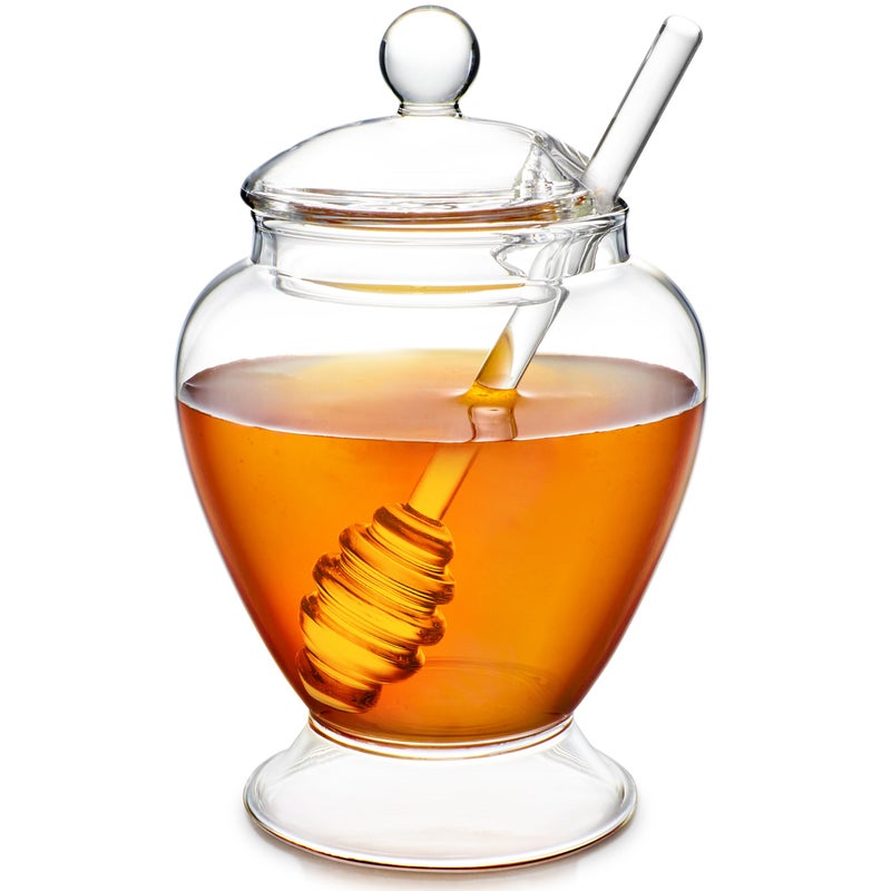 Teabloom Pure Bliss Honey Jar with Dipper and Lid - Hand-crafted with Highly Hygienic, Non-Porous Borosilicate Glass (14 oz) - Image 1