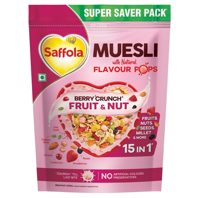 Saffola Muesli Fruit & Nut Berry Crunch with Flavour Pops, 700 gm | 15 in 1 Fruit and Nuts, Seeds, Millet & more | Cereals for breakfast rich in wholegrain, protein, fibre - Image 1