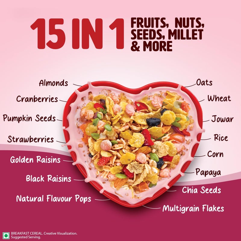 Saffola Muesli Fruit & Nut Berry Crunch with Flavour Pops, 700 gm | 15 in 1 Fruit and Nuts, Seeds, Millet & more | Cereals for breakfast rich in wholegrain, protein, fibre - Image 4