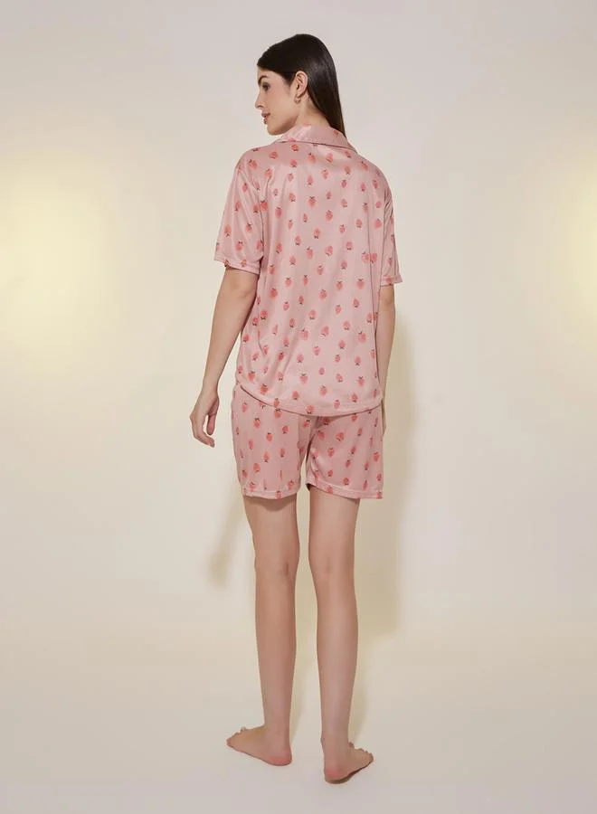 Take Two Strawberry Print Short Sleeve Shirt and Shorts Set
