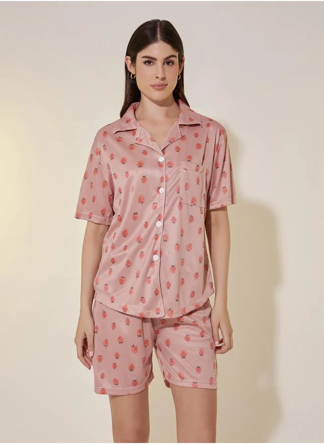 Styli Strawberry Print Short Sleeve Shirt and Shorts Set