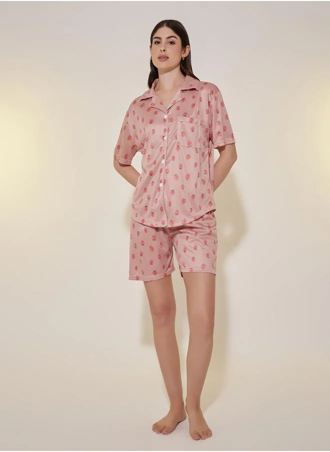 Styli Strawberry Print Short Sleeve Shirt and Shorts Set