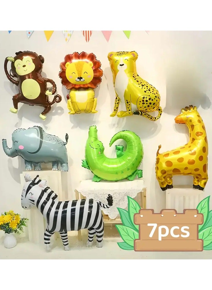 LIXADA 7pcs Jungle Safari Animal Foil Balloons Set, Cartoon Safari Party Decorations, Monkey, Giraffe, Leopard, Lion, Zebra, Crocodile, Elephant, Cartoon balloon for Kids Age 3+, Inflatable Decor for Outdoor Celebrations, Durable PA Material, Birthday Room Decor - Image 1