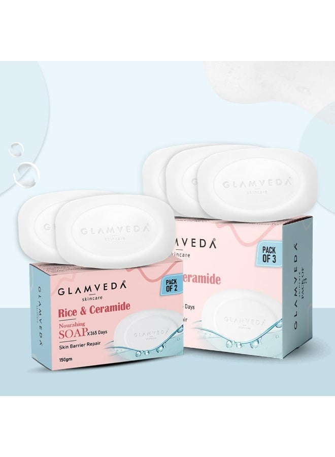 Glamveda Rice & Ceramide Skin Brightening Soap with Hyaluronic Acid | Deeply Nourishes & Moisturised | Soft & Smooth Skin | Soap for Men & Women | 75 g (Pack of 5) - Image 1