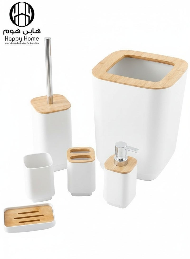 Happy Home 6-Piece Bathroom Accessory Set Bathroom Accessory Set Includes Toilet Brush, Soap Dispenser, Waste Bin, Toothbrush Holder, Soap Dispenser, and Cup - White - Image 1
