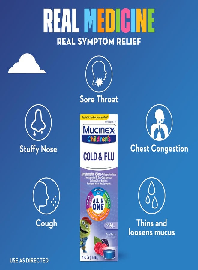 MUCINEX Cold, Cough, and Sore Throat, Mucinex Children's Cold, Cough, & Sore Throat Liquid, Mixed Berry, 4oz (Packaging May Vary) Controls Cough, Relieves Nasal & Chest Congestion, Thins & Soothes Sore Throat, 4.0 ounces - Image 2