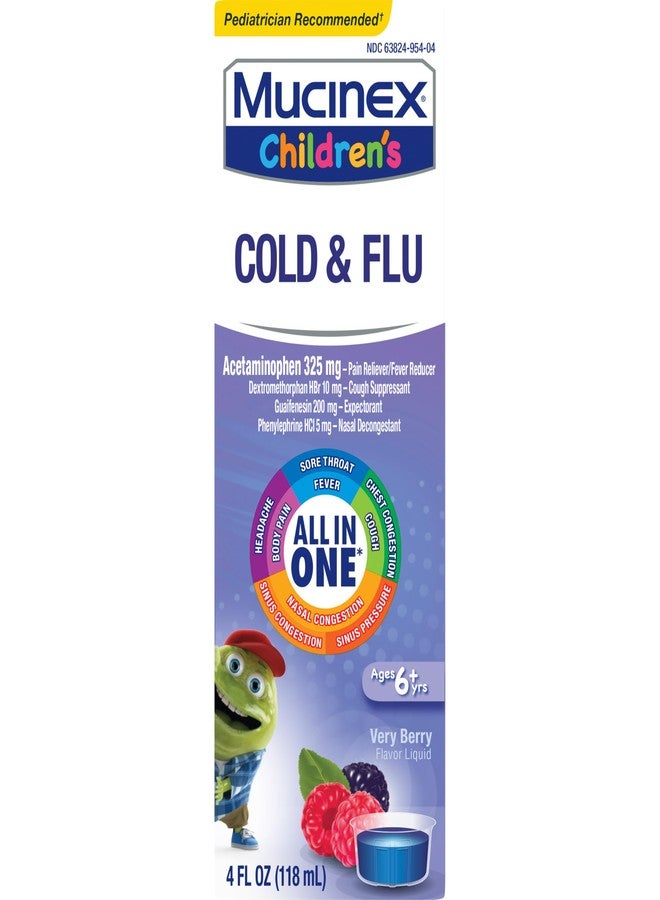 MUCINEX Cold, Cough, and Sore Throat, Mucinex Children's Cold, Cough, & Sore Throat Liquid, Mixed Berry, 4oz (Packaging May Vary) Controls Cough, Relieves Nasal & Chest Congestion, Thins & Soothes Sore Throat, 4.0 ounces - Image 1