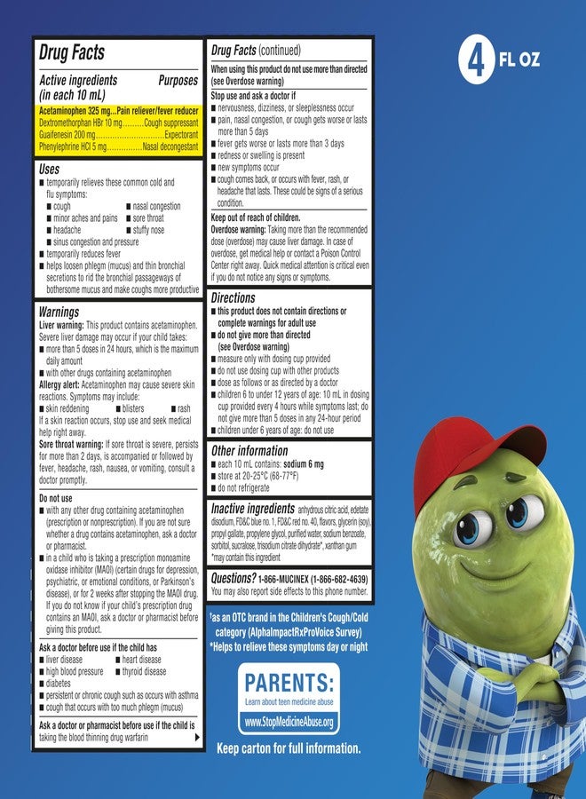 MUCINEX Cold, Cough, and Sore Throat, Mucinex Children's Cold, Cough, & Sore Throat Liquid, Mixed Berry, 4oz (Packaging May Vary) Controls Cough, Relieves Nasal & Chest Congestion, Thins & Soothes Sore Throat, 4.0 ounces - Image 3