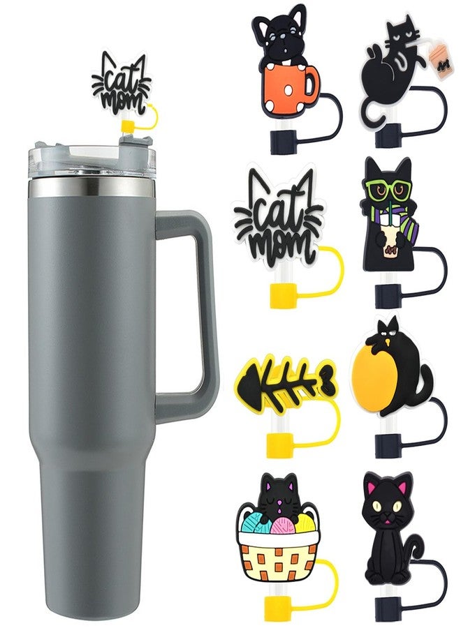 ALNGFUIK 8 Pack Black Cat Straw Cover Toppers, Silicone Reusable Straw Cover Caps, Drinking Dust Proof Tips Lids for Tumbles Cups Accessories - Image 1