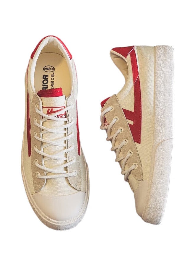 Warrior Spring And Autumn Couple Canvas Shoes Men And Women Casual Shoes All-Match Sports Retro National Tide Board Shoes Kghc647Mj Beige Red 41 - Image 2