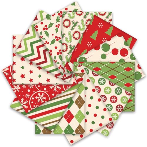 Whaline 12Pcs Cotton Fabric Bundles Xmas Tree Snowflake Dot Stripe Printed Fat Quarters Holiday Sewing Fabrics for Christmas DIY Handmade Crafting 18 x 22 Inch - Image 1