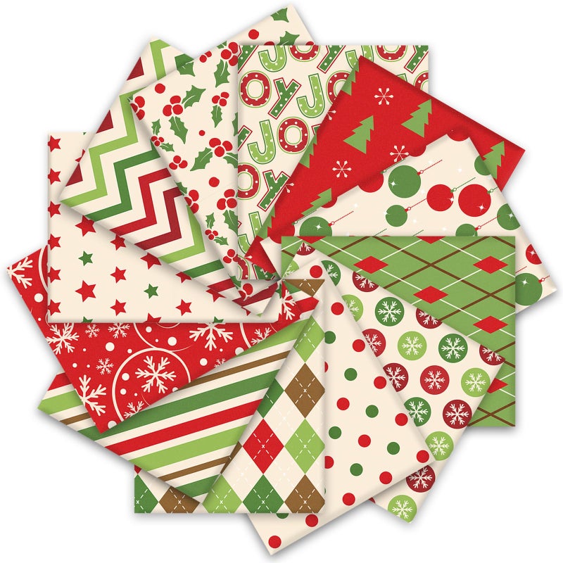Whaline 12Pcs Cotton Fabric Bundles Xmas Tree Snowflake Dot Stripe Printed Fat Quarters Holiday Sewing Fabrics for Christmas DIY Handmade Crafting 18 x 22 Inch - Image 2