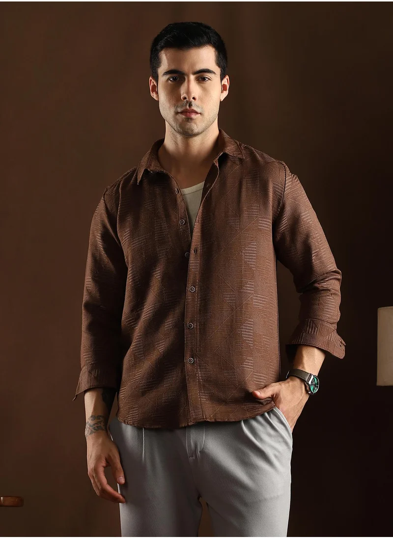 Campus Sutra Campus Sutra Men's Chocolate Brown Overlap-Weave Shirt For Casual Wear | Mid-Rise | Regular Fit | Button Closure | Shirt Crafted With Comfort Fit For Everyday Wear