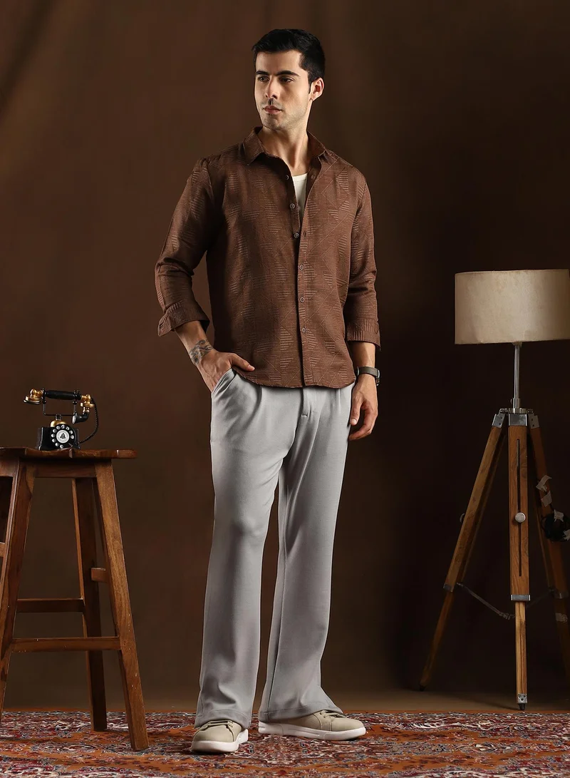 Campus Sutra Campus Sutra Men's Chocolate Brown Overlap-Weave Shirt For Casual Wear | Mid-Rise | Regular Fit | Button Closure | Shirt Crafted With Comfort Fit For Everyday Wear