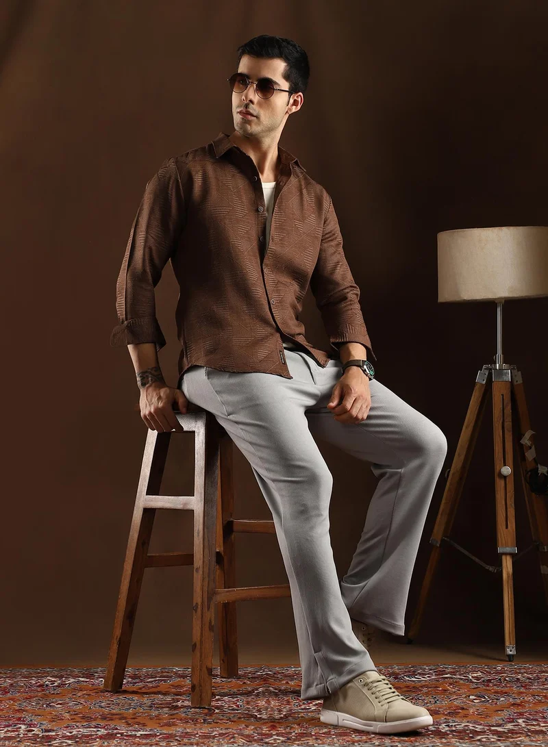 Campus Sutra Campus Sutra Men's Chocolate Brown Overlap-Weave Shirt For Casual Wear | Mid-Rise | Regular Fit | Button Closure | Shirt Crafted With Comfort Fit For Everyday Wear