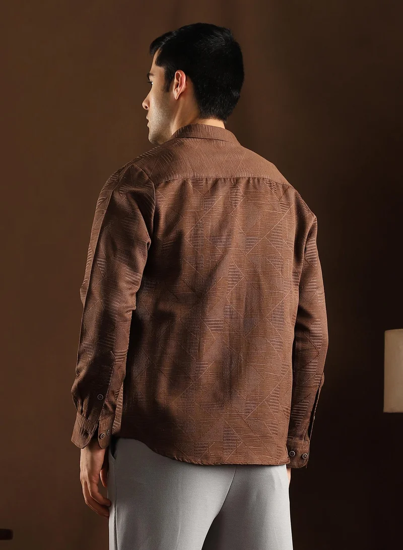 Campus Sutra Campus Sutra Men's Chocolate Brown Overlap-Weave Shirt For Casual Wear | Mid-Rise | Regular Fit | Button Closure | Shirt Crafted With Comfort Fit For Everyday Wear