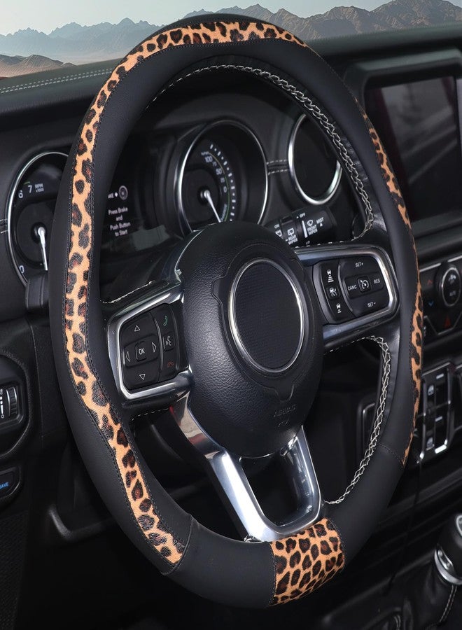 ZHOL Leopard Steering Wheel Cover, Breathable Microfiber Leather Universal 14.5-15 inch for Most Automotive Steering Wheel Cheetah Print, Black - Image 1