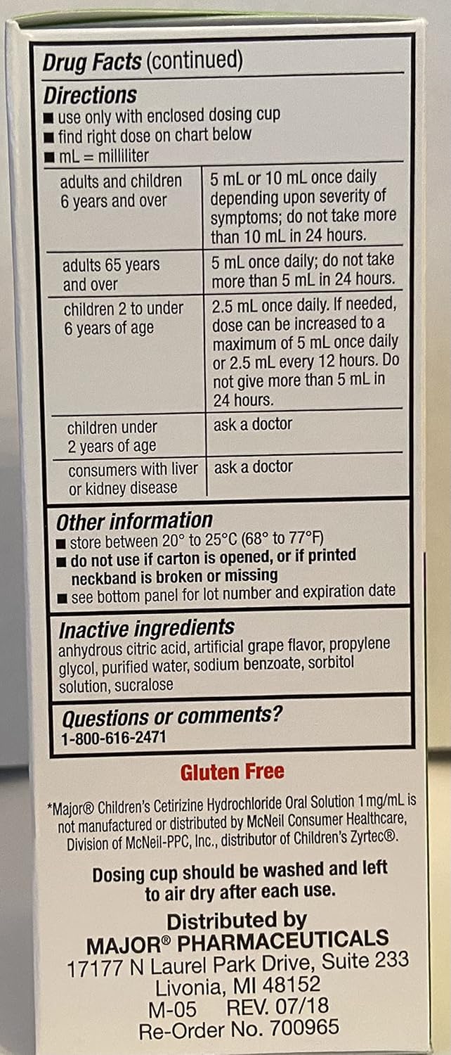 MAJOR Childrens CETIRIZINE Hydrochloride Oral Solution 1MGML Allergy ANTIHISTAMINE - Image 3