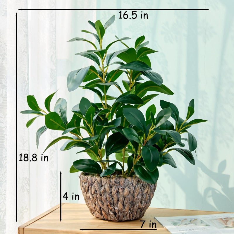 AlphaAcc 18.8 Inch Artificial Ficus Plant Indoor Faux Greenery Potted in Rattan Woven Basket Planter with Decorative Pebbles Realistic Fake Plant for Home Living Room Office Table Desk Shelf Decor - Image 3