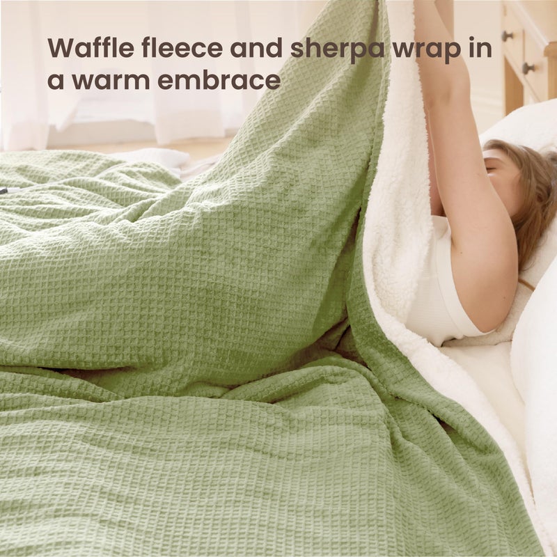 blunique Heated Blanket Electric Blanket Queen Waffle, 84x90 Inches Dual Controllers Sherpa Fleece Fast Heating Blanket 6 Heating Levels & 10 Hours Auto Off ETL Certification, Sage Queen - Image 2