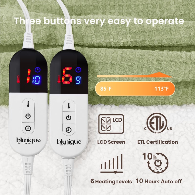 blunique Heated Blanket Electric Blanket Queen Waffle, 84x90 Inches Dual Controllers Sherpa Fleece Fast Heating Blanket 6 Heating Levels & 10 Hours Auto Off ETL Certification, Sage Queen - Image 5