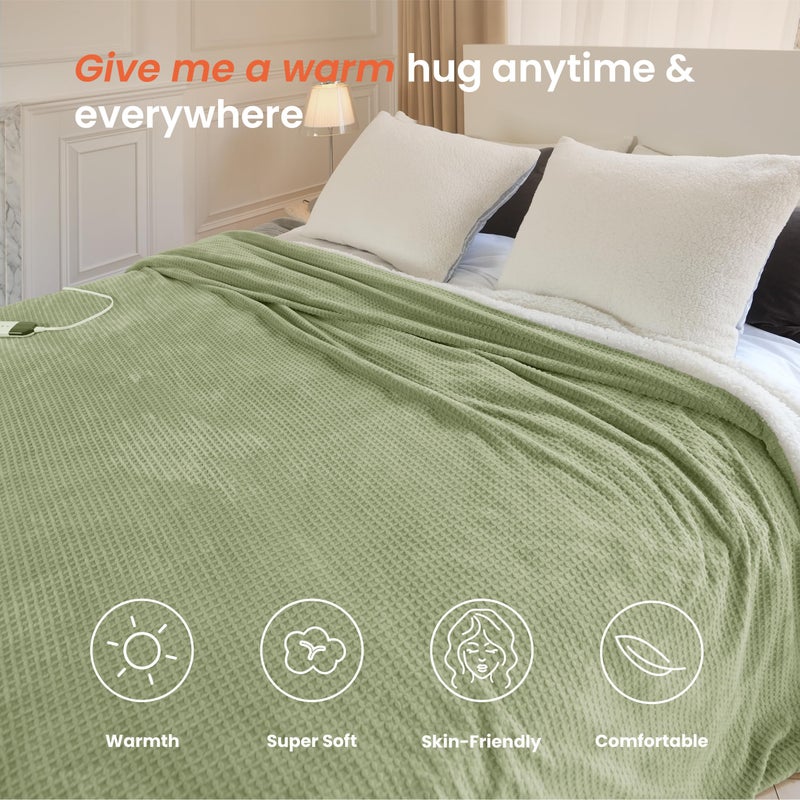 blunique Heated Blanket Electric Blanket Queen Waffle, 84x90 Inches Dual Controllers Sherpa Fleece Fast Heating Blanket 6 Heating Levels & 10 Hours Auto Off ETL Certification, Sage Queen - Image 4