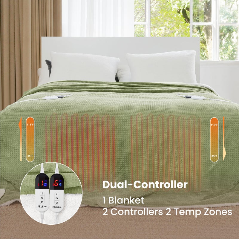 blunique Heated Blanket Electric Blanket Queen Waffle, 84x90 Inches Dual Controllers Sherpa Fleece Fast Heating Blanket 6 Heating Levels & 10 Hours Auto Off ETL Certification, Sage Queen - Image 3