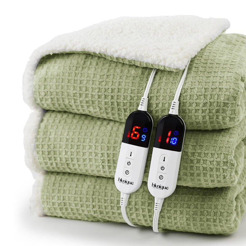 blunique Heated Blanket Electric Blanket Queen Waffle, 84x90 Inches Dual Controllers Sherpa Fleece Fast Heating Blanket 6 Heating Levels & 10 Hours Auto Off ETL Certification, Sage Queen - Image 1