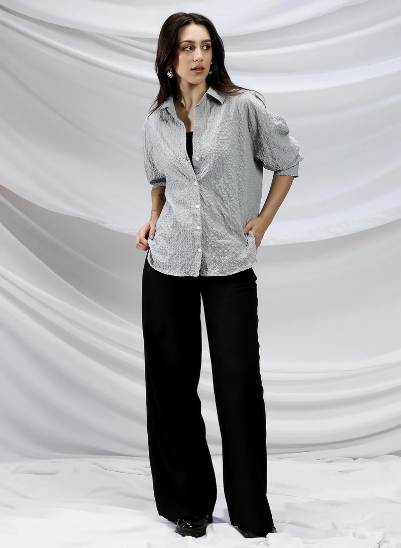 Campus Sutra Campus Sutra Women's Moon Grey Cubic-Seersucker Relaxed Shirt For Casual Wear | Spread Collar | Long Cuffed Sleeves | Button Closure | Shirt Crafted With Comfort Fit For Everyday Wear