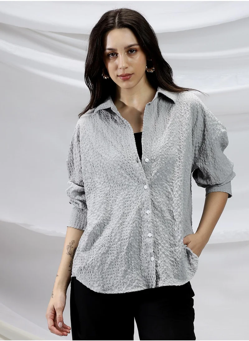 Campus Sutra Campus Sutra Women's Moon Grey Cubic-Seersucker Relaxed Shirt For Casual Wear | Spread Collar | Long Cuffed Sleeves | Button Closure | Shirt Crafted With Comfort Fit For Everyday Wear