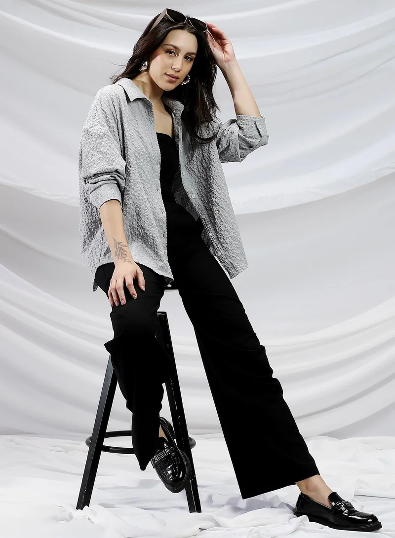 Campus Sutra Campus Sutra Women's Moon Grey Cubic-Seersucker Relaxed Shirt For Casual Wear | Spread Collar | Long Cuffed Sleeves | Button Closure | Shirt Crafted With Comfort Fit For Everyday Wear
