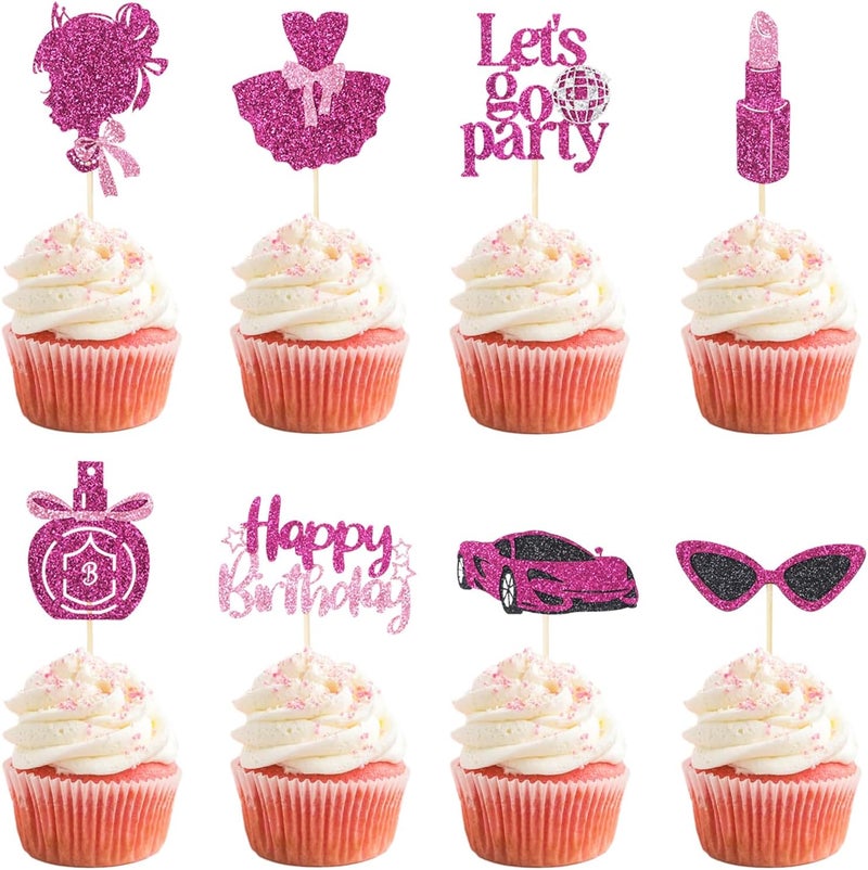 Wootkey 24 Pcs Glitter Princess Cupcake Toppers Pink Girl Cupcake Picks Let's Go Party Lipstick Cake Decorations for Girl Princess Theme Bridal Shower Wedding Birthday Party Supplies - Image 1