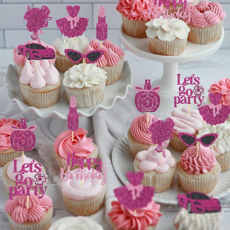 Wootkey 24 Pcs Glitter Princess Cupcake Toppers Pink Girl Cupcake Picks Let's Go Party Lipstick Cake Decorations for Girl Princess Theme Bridal Shower Wedding Birthday Party Supplies - Image 4