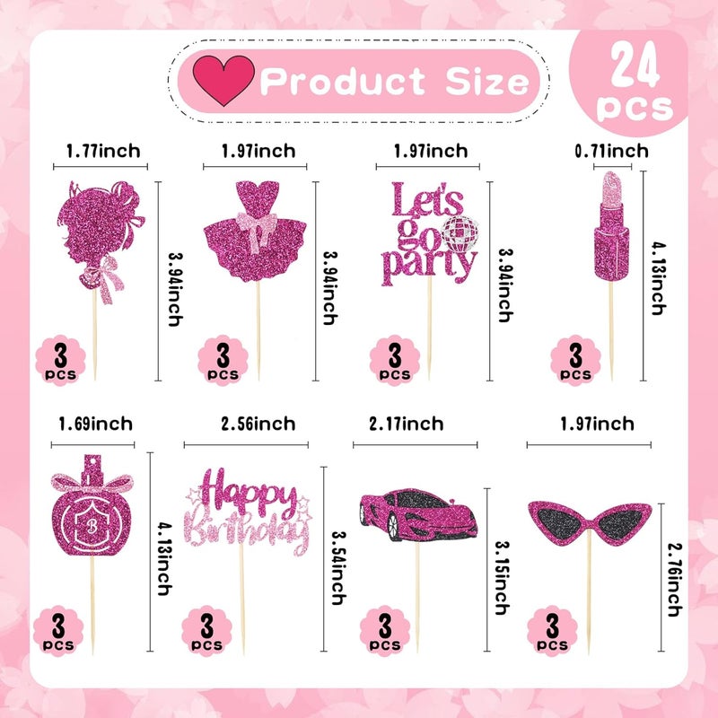 Wootkey 24 Pcs Glitter Princess Cupcake Toppers Pink Girl Cupcake Picks Let's Go Party Lipstick Cake Decorations for Girl Princess Theme Bridal Shower Wedding Birthday Party Supplies - Image 2