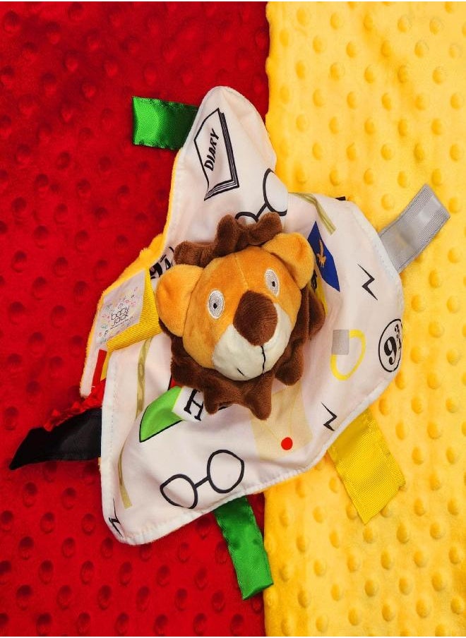 The Learning Lovey 10x10” Wizard Muggle Baby Lovey Gryffen Lion Tag Toy for Babies - Muggles - House Colors - Learn Wizardry - Soft & Safe - Learn Shapes & Colors - Ideal Baby Toy & Baby Gift - BPA Free w/Stroller Clip  - Image 4