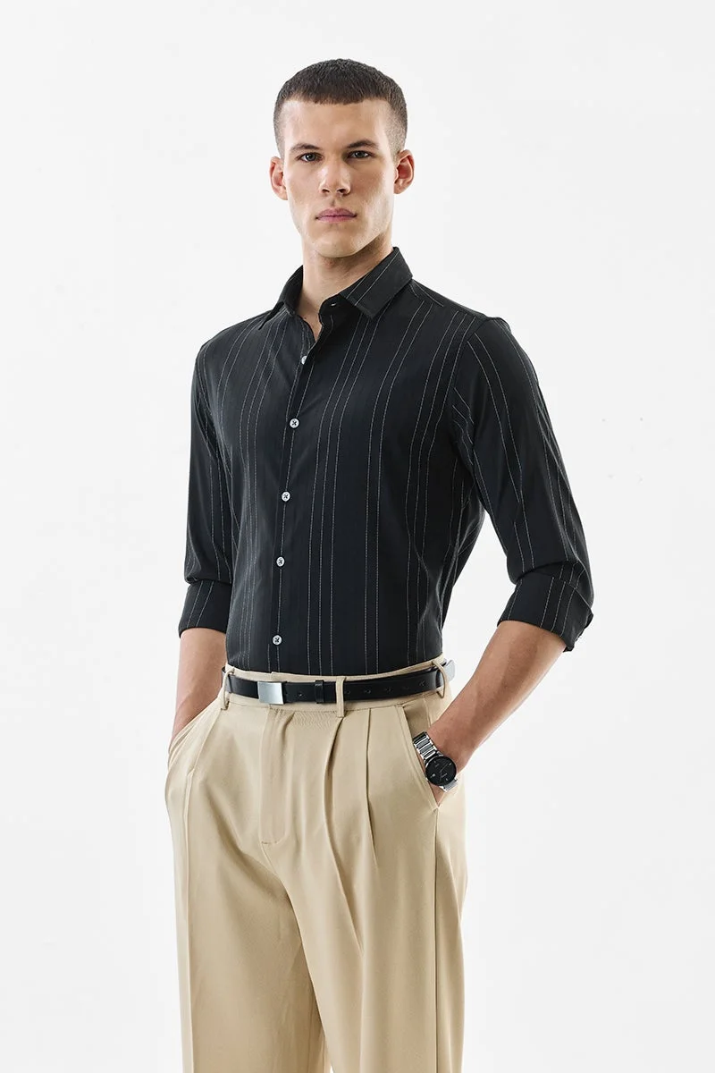 SNITCH Black Striped Long Sleeve Slim Fit Formal Luxe Shirt