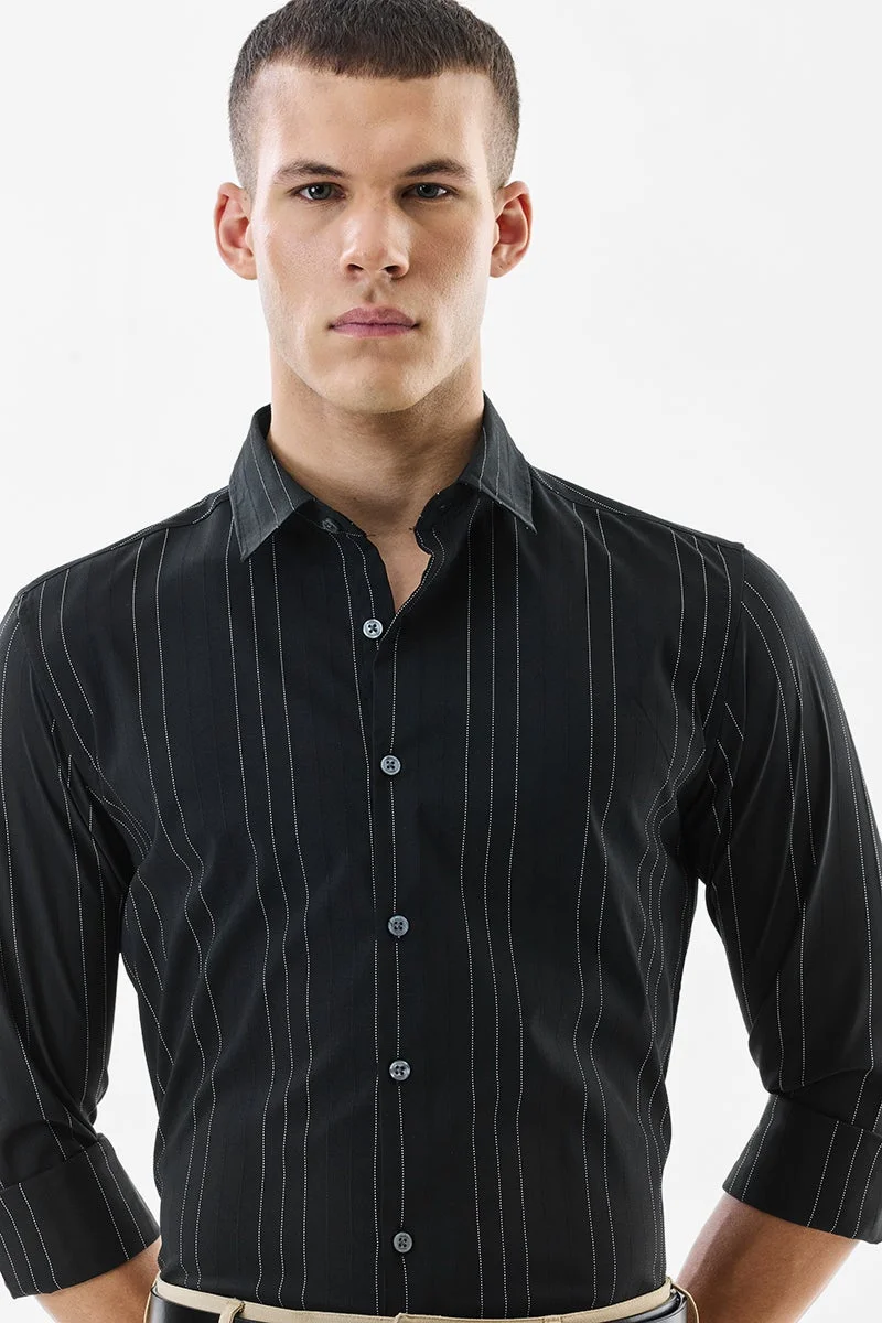 SNITCH Black Striped Long Sleeve Slim Fit Formal Luxe Shirt