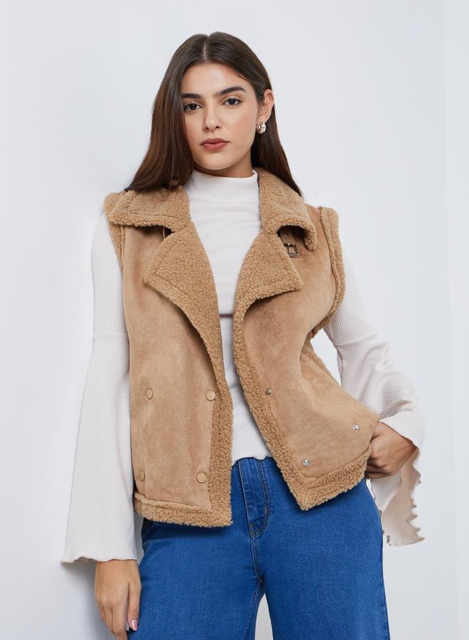 Styli Beige Sleeveless Faux Fur Lining Gilet - Image 1