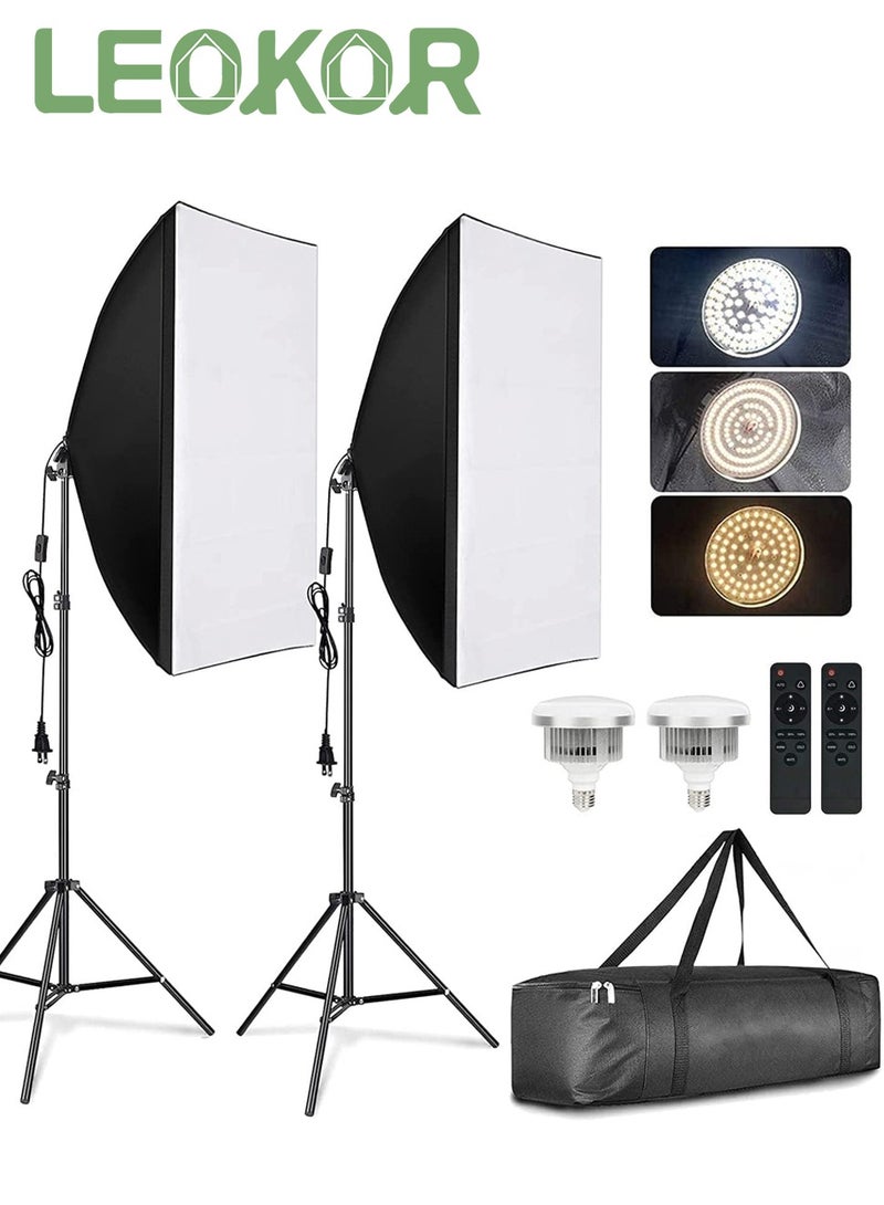LEOKOR Photography Softbox Lighting Kit, Professional Studio Lighting Equipment, Continuous Lighting System for Photography/Video Recording/Live Streaming/Portraits Shooting, 3 Colors LED Light * 2 + 50x70cm Softbox * 2 + 2M Light Stand * 2 + Remote Control * 2 + Carry Bag * 1 - Image 1